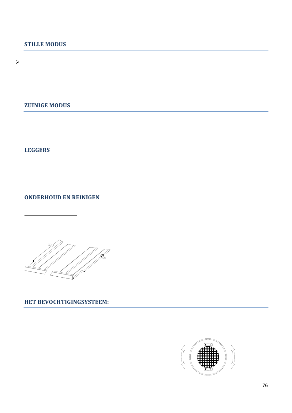 Stille modus, Zuinige modus, Leggers | Onderhoud en reinigen, Het bevochtigingsysteem | Climadiff AV93X3ZI-1 User Manual | Page 76 / 106