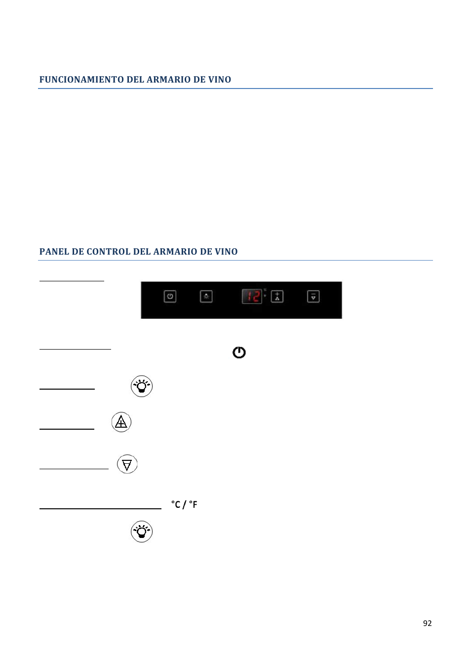 Funcionamiento del armario de vino, Panel de control del armario de vino | Climadiff AV93X3ZI-1 User Manual | Page 92 / 106