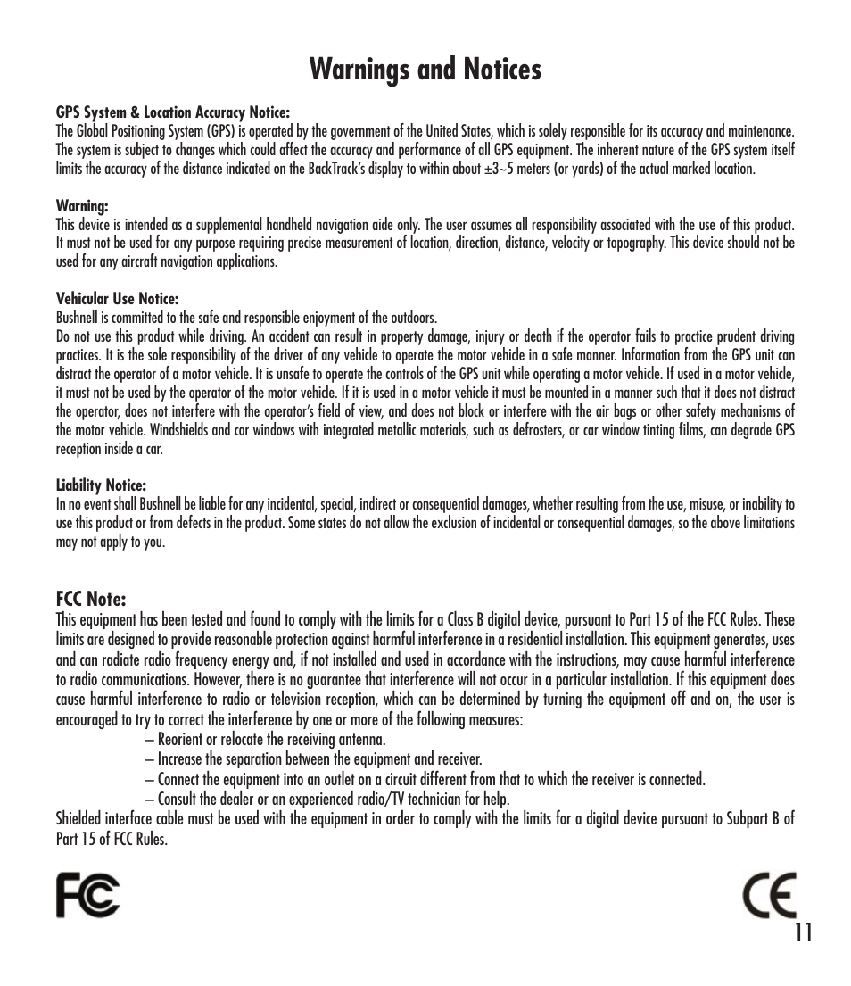 Warnings and notices | Bushnell 360401 User Manual | Page 11 / 60