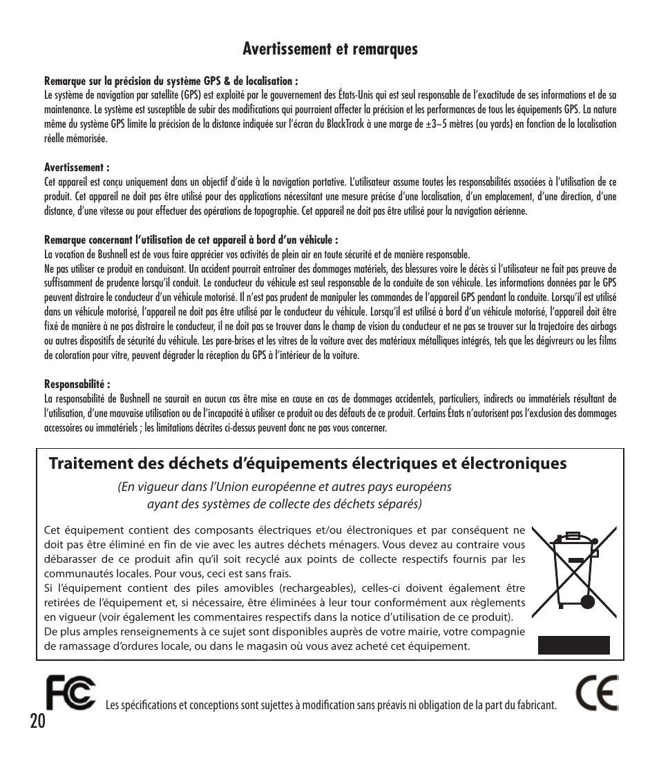Avertissement et remarques | Bushnell 360401 User Manual | Page 20 / 60