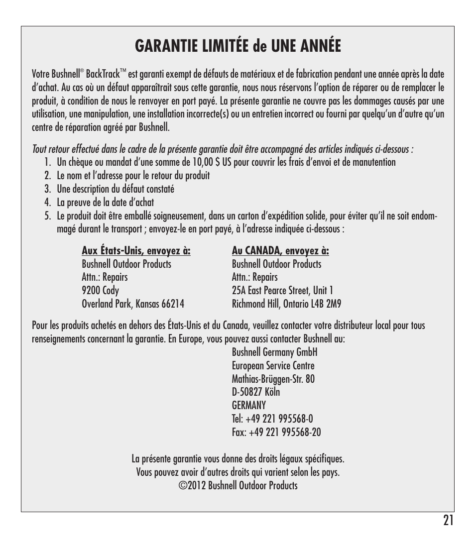 Garantie limitée de une année | Bushnell 360401 User Manual | Page 21 / 60