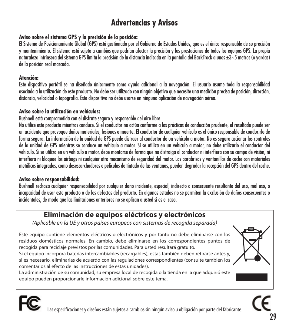 29 advertencias y avisos, Eliminación de equipos eléctricos y electrónicos | Bushnell 360401 User Manual | Page 29 / 60