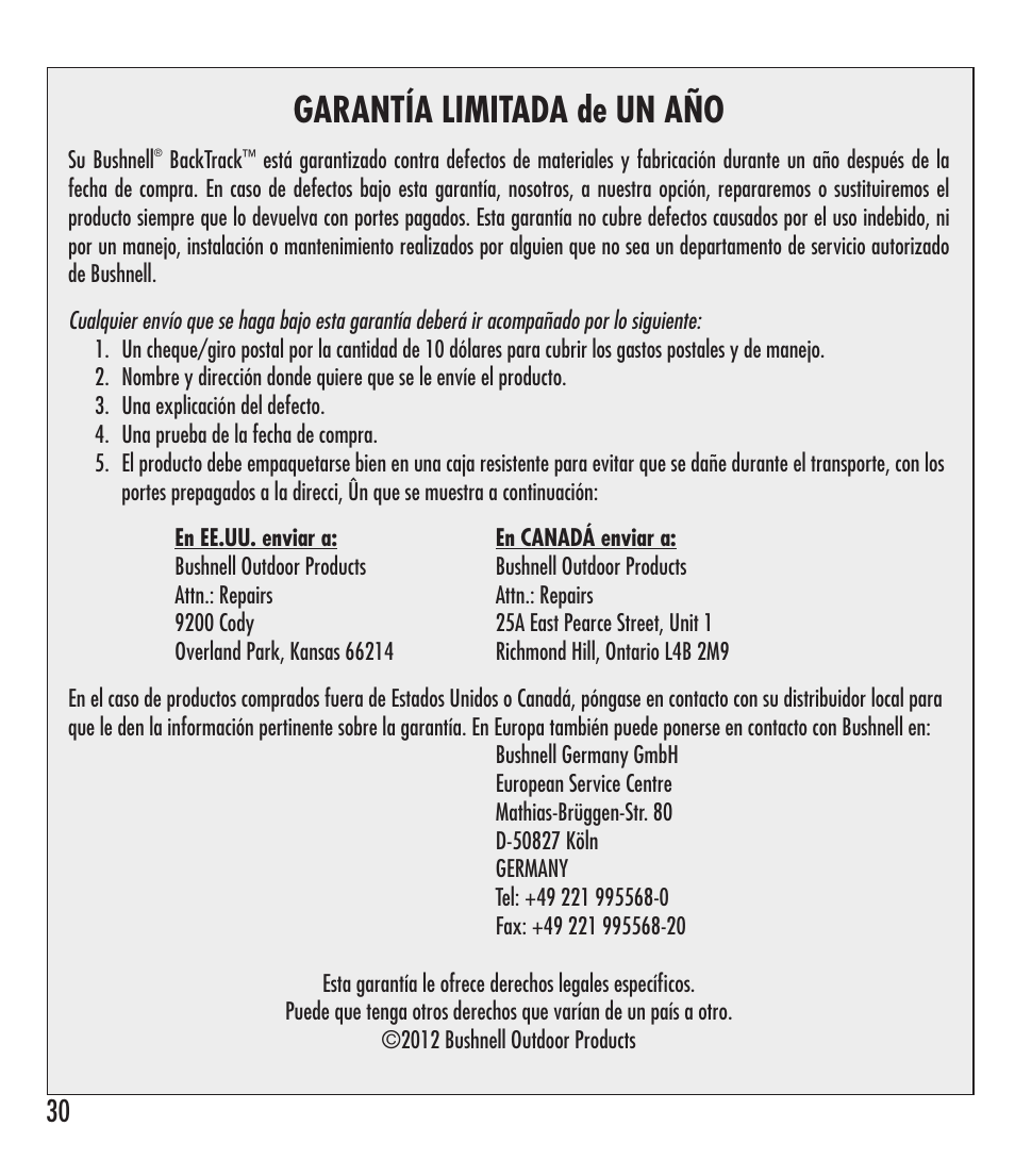 Garantía limitada de un año | Bushnell 360401 User Manual | Page 30 / 60