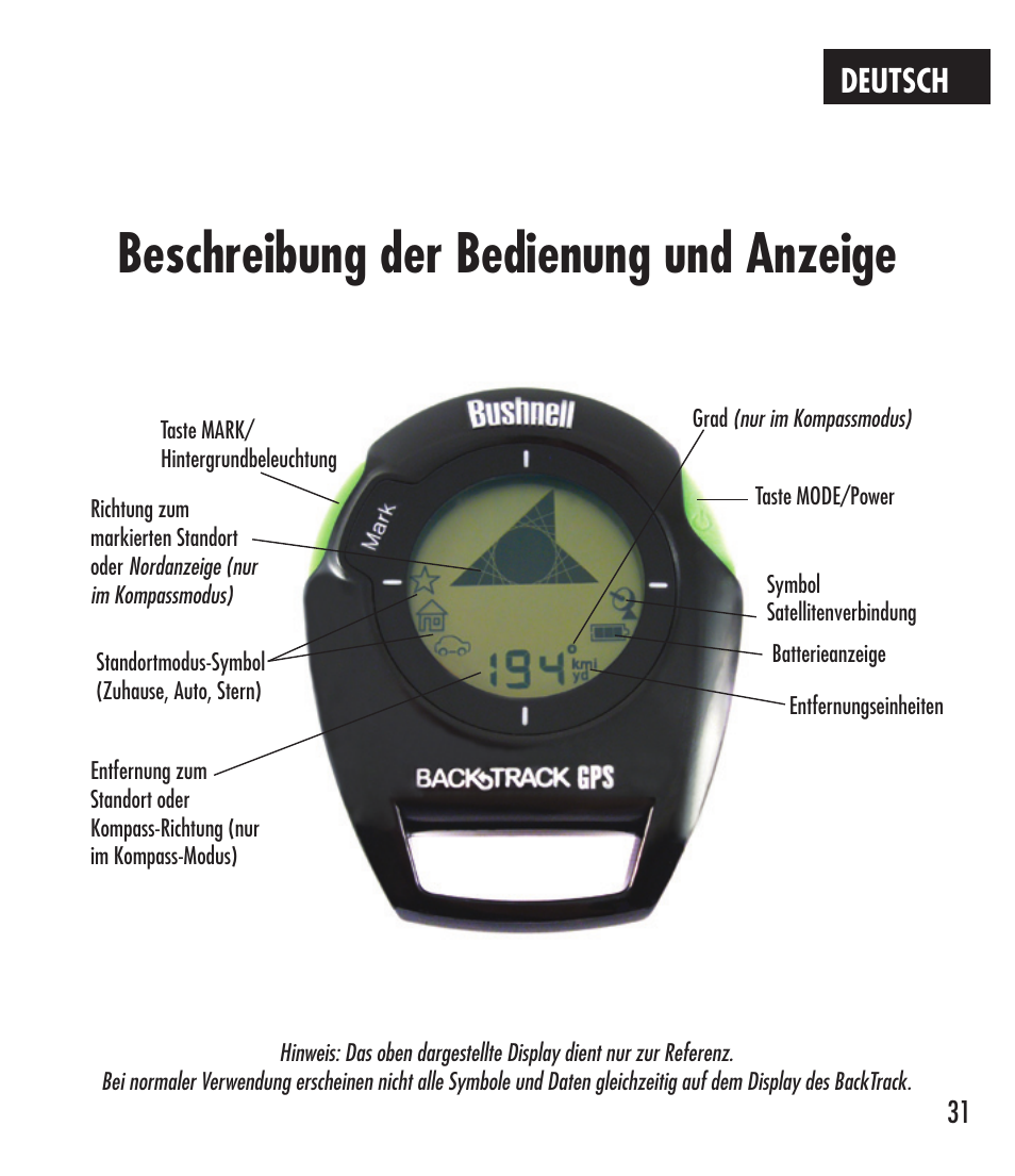 Beschreibung der bedienung und anzeige, Deutsch | Bushnell 360401 User Manual | Page 31 / 60