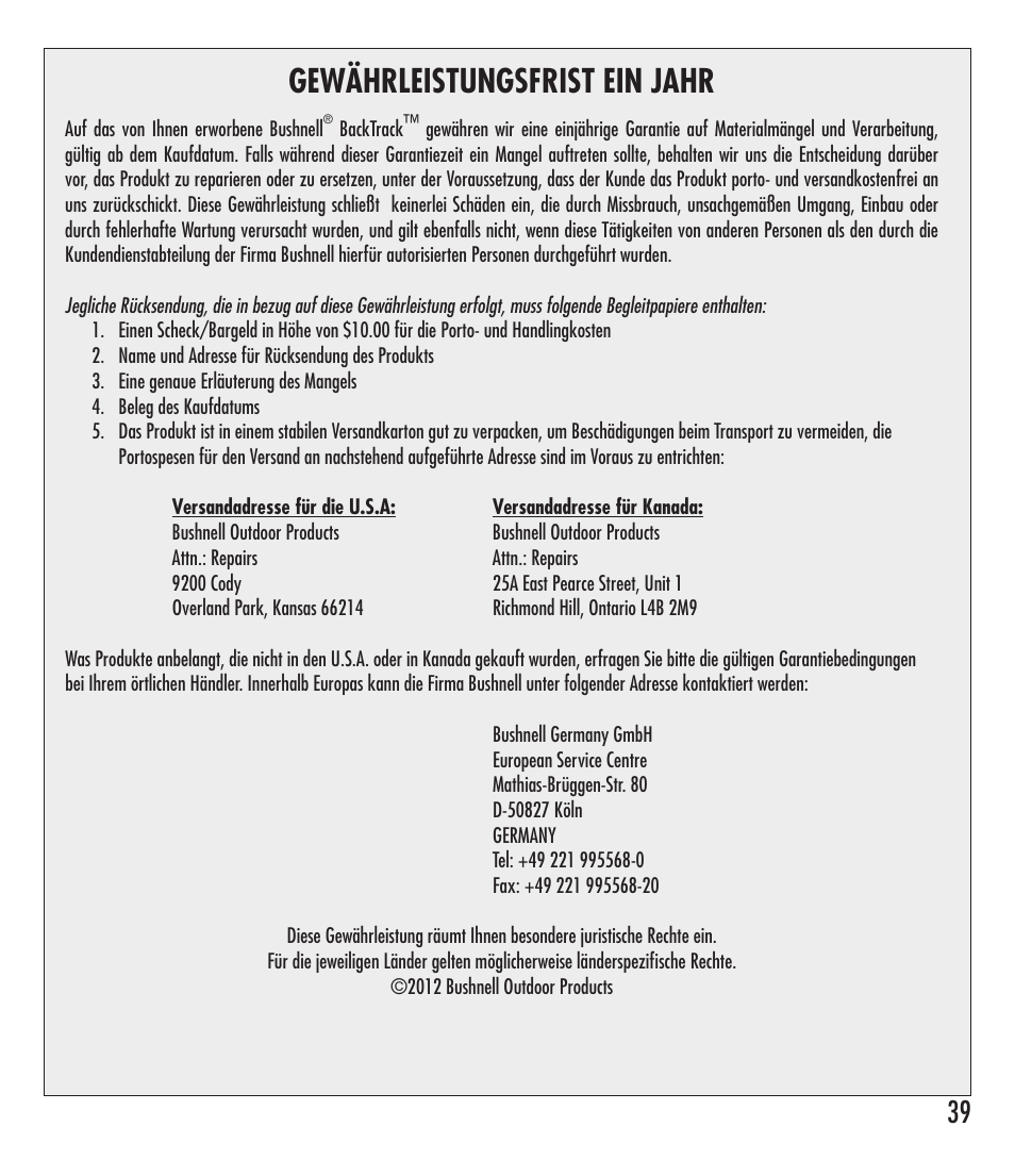 Gewährleistungsfrist ein jahr | Bushnell 360401 User Manual | Page 39 / 60