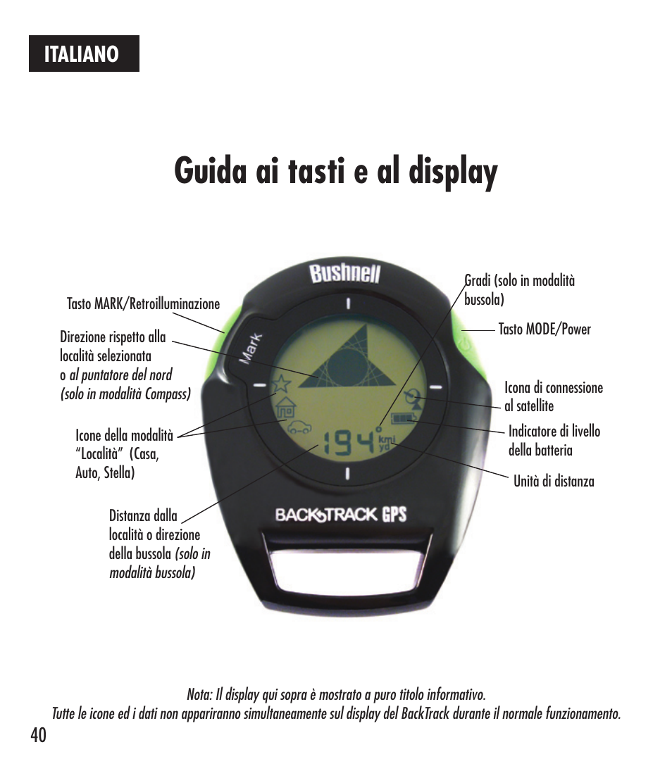 Guida ai tasti e al display, Italiano | Bushnell 360401 User Manual | Page 40 / 60
