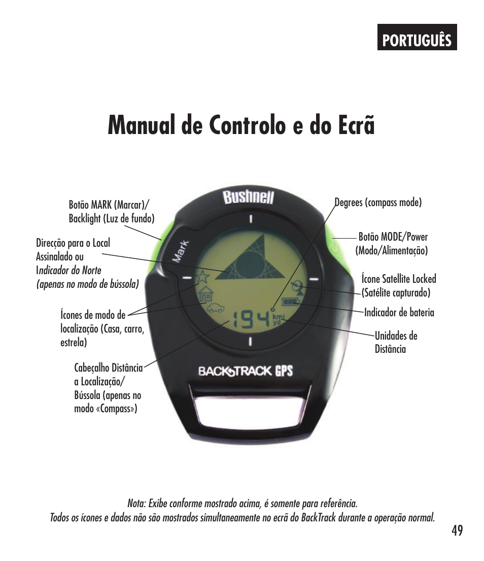 Manual de controlo e do ecrã, Português | Bushnell 360401 User Manual | Page 49 / 60