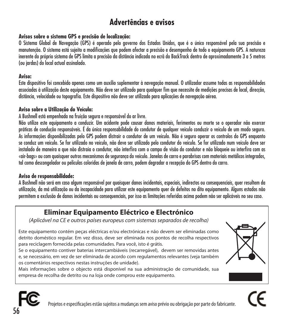 56 advertências e avisos, Eliminar equipamento eléctrico e electrónico | Bushnell 360401 User Manual | Page 56 / 60