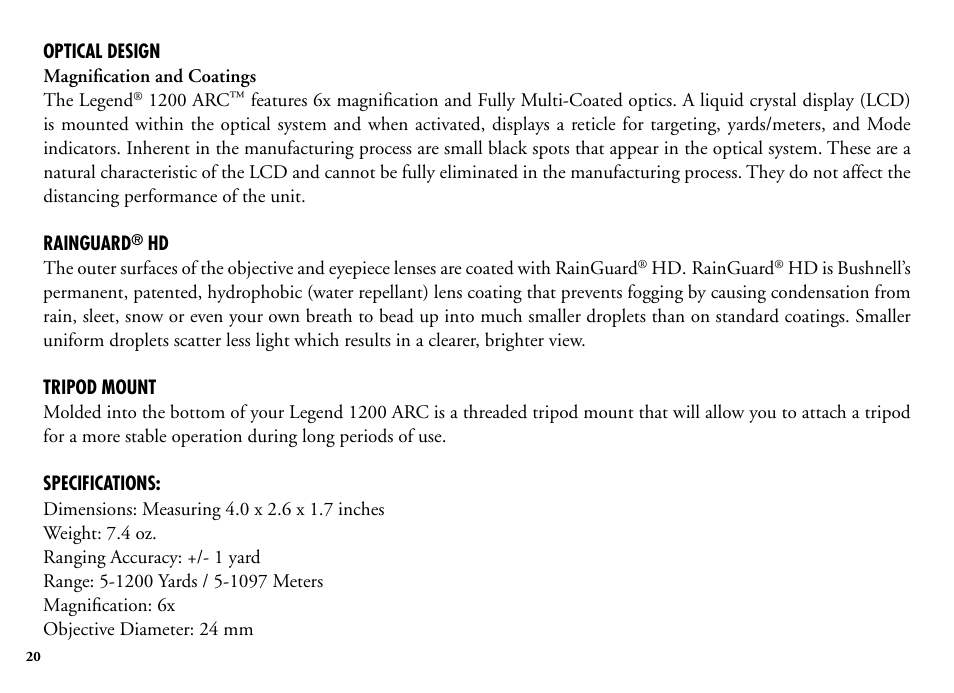 Bushnell Legend 204101 User Manual | Page 20 / 140