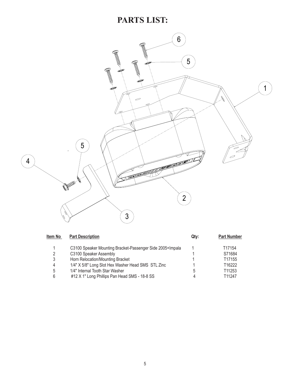Parts list | Code 3 2005 + Impala Passenger Side User Manual | Page 5 / 8