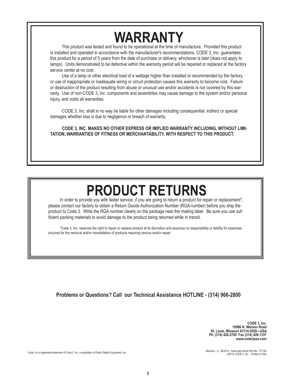 Warranty, Product returns | Code 3 2005 + Impala Passenger Side User Manual | Page 8 / 8