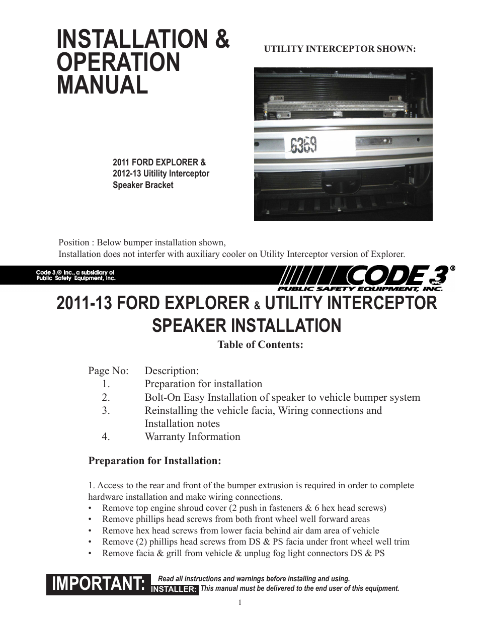 Code 3 2011-2013 Explorer and Ford PI Utility User Manual | 4 pages