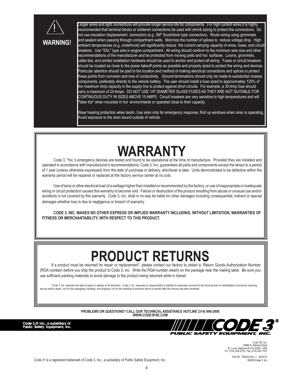 Product returns, Warranty, Warning | Code 3 2011-2013 Explorer and Ford PI Utility User Manual | Page 4 / 4