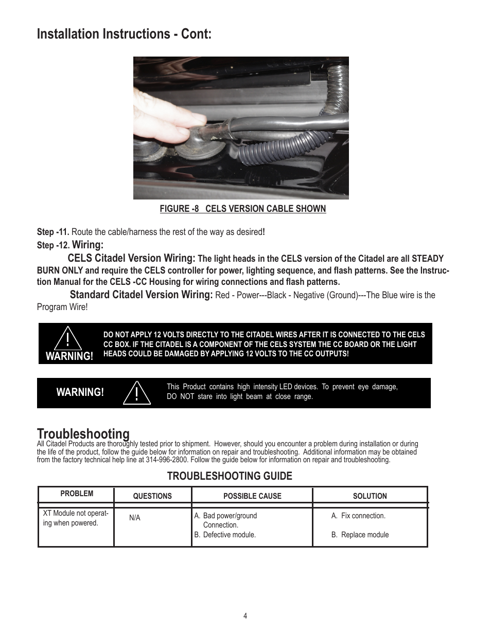 Installation instructions - cont, Troubleshooting, Wiring: cels citadel version wiring | Standard citadel version wiring, Troubleshooting guide, Warning | Code 3 2015 Tahoe Citadel User Manual | Page 4 / 8