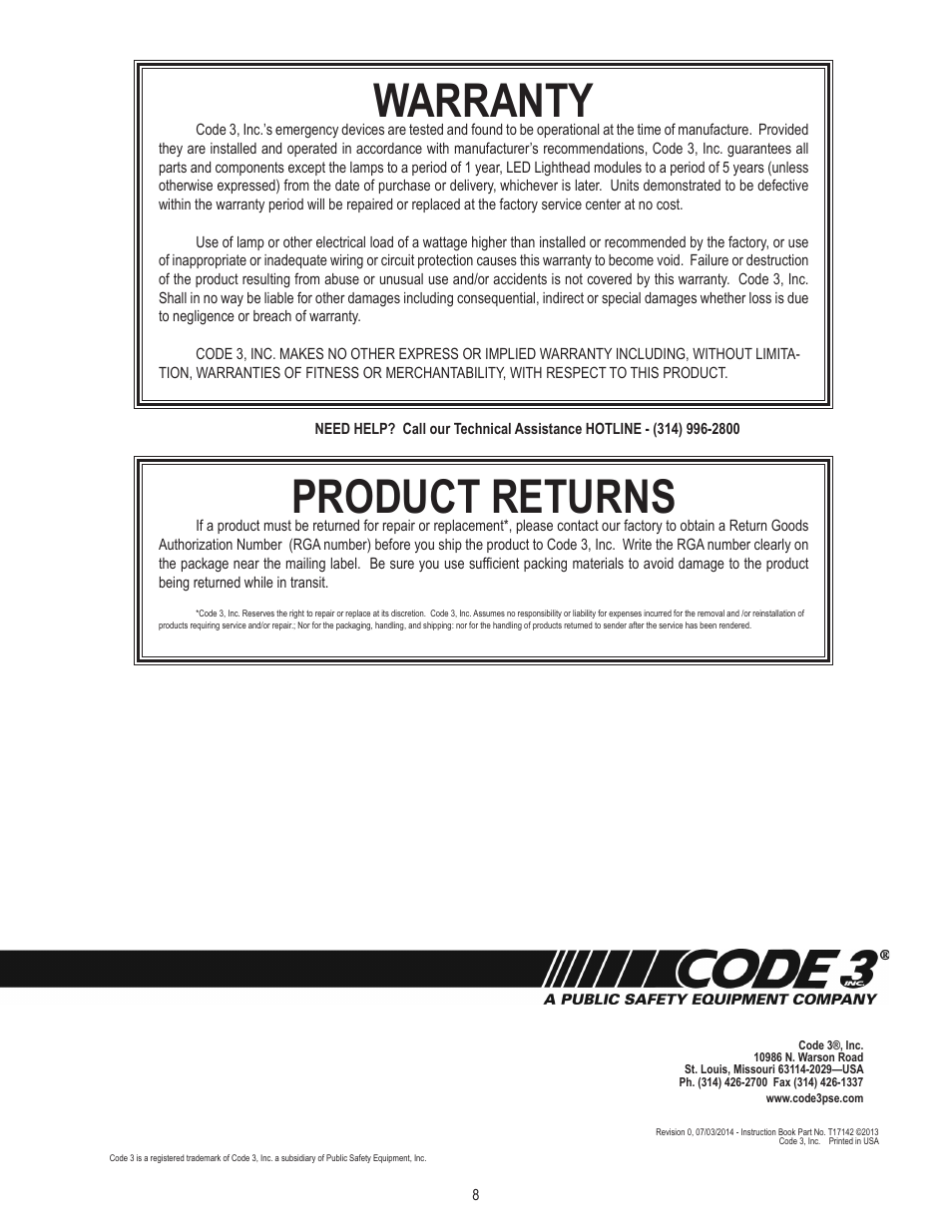 Warranty, Product returns | Code 3 2015 Tahoe Citadel User Manual | Page 8 / 8
