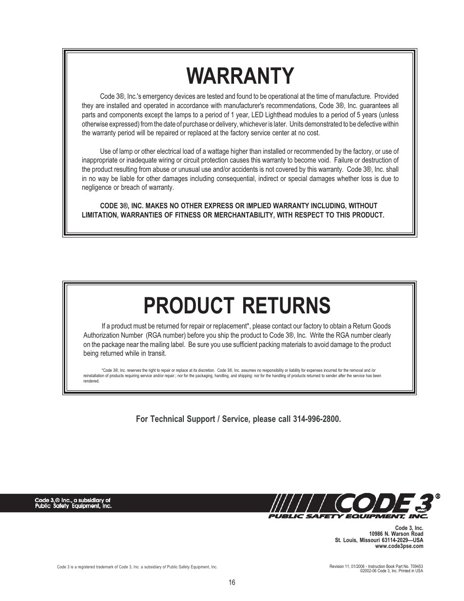 Warranty, Product returns | Code 3 2100 User Manual | Page 16 / 16