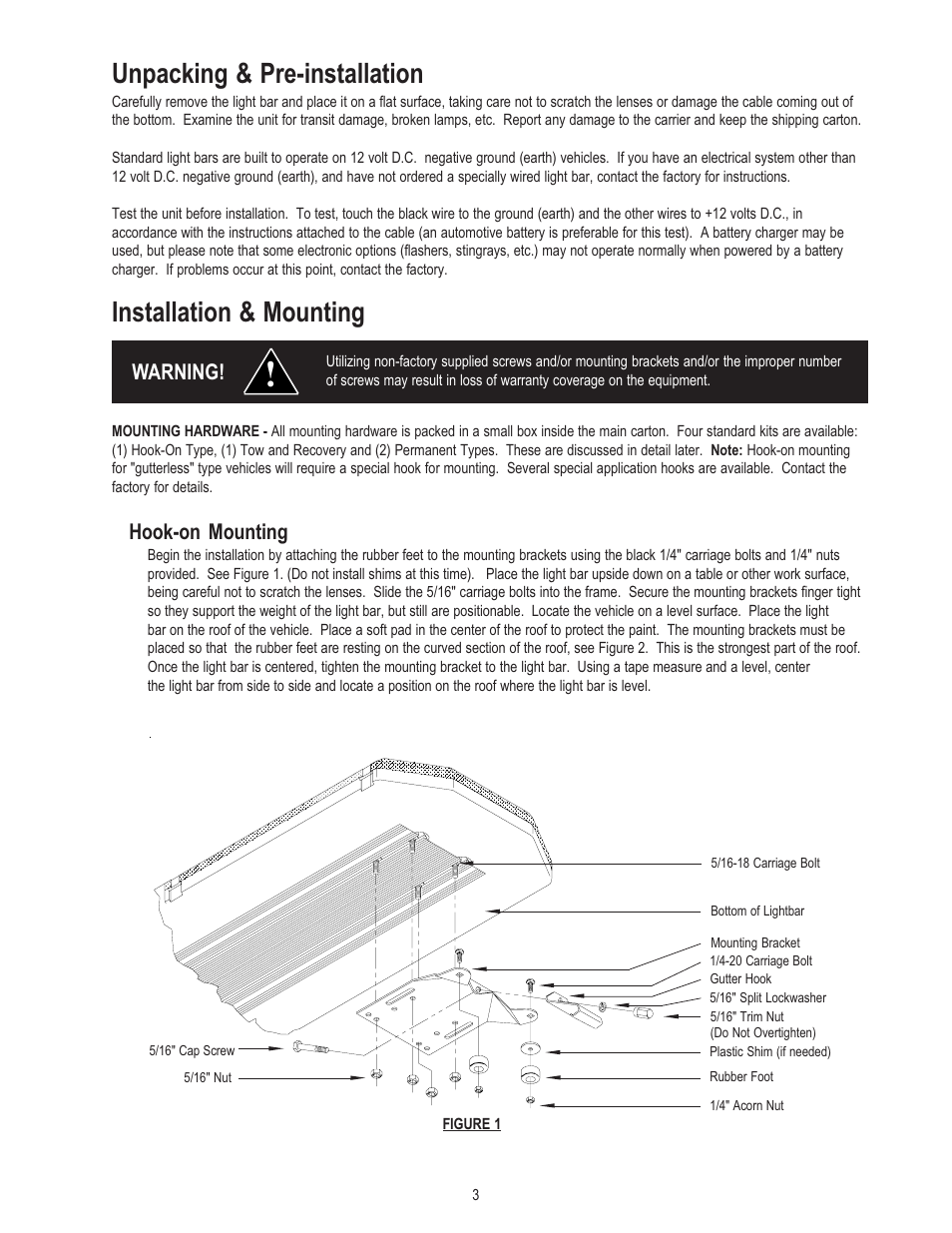 Unpacking & pre-installation, Installation & mounting, Warning | Hook-on mounting | Code 3 2100 User Manual | Page 3 / 16