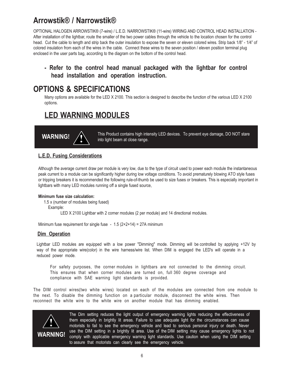 Options & specifications, Led warning modules, Arrowstik® / narrowstik | Code 3 2100 User Manual | Page 6 / 16