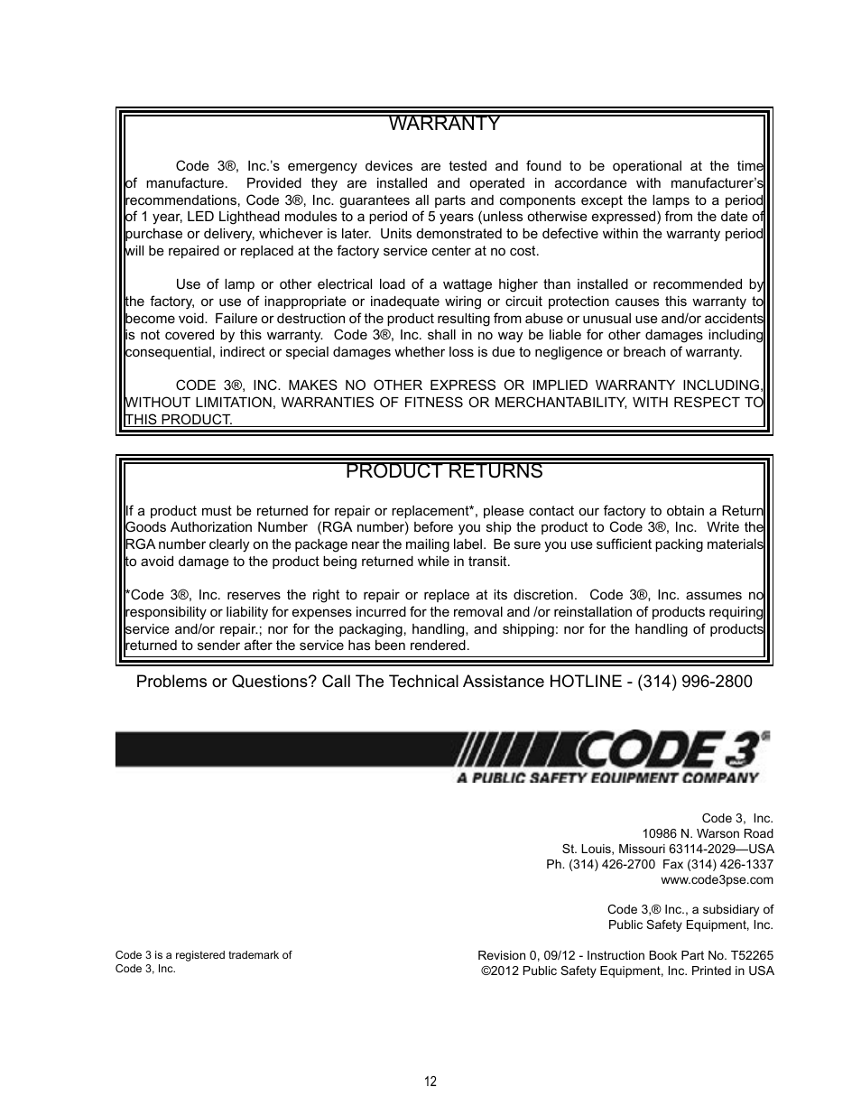 Warranty, Product returns | Code 3 21IF User Manual | Page 12 / 12