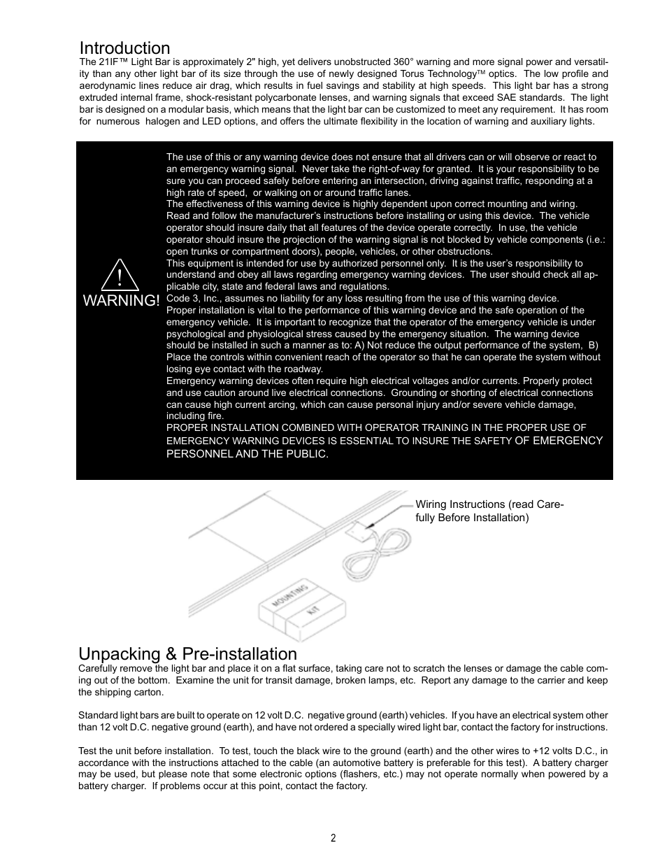 Introduction, Unpacking & pre-installation, Warning | Code 3 21IF User Manual | Page 2 / 12