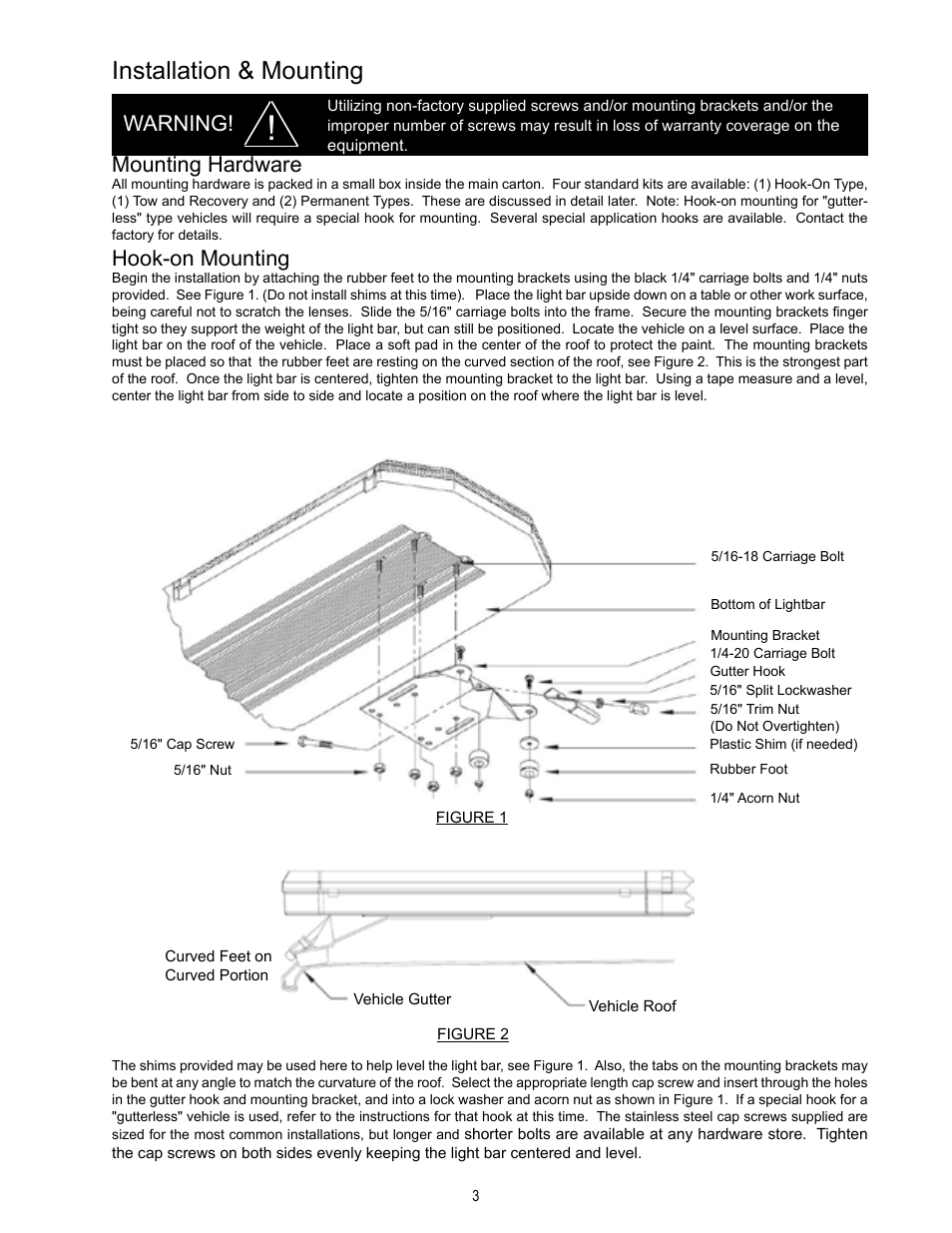 Installation & mounting, Mounting hardware, Warning | Hook-on mounting | Code 3 21IF User Manual | Page 3 / 12