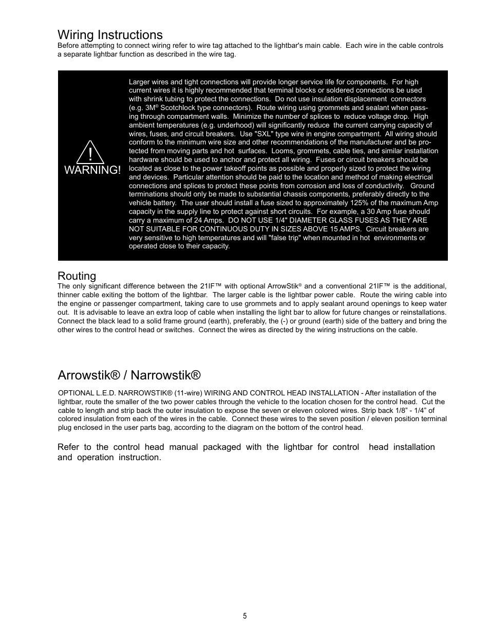Wiring instructions, Arrowstik® / narrowstik, Warning! routing | Code 3 21IF User Manual | Page 5 / 12