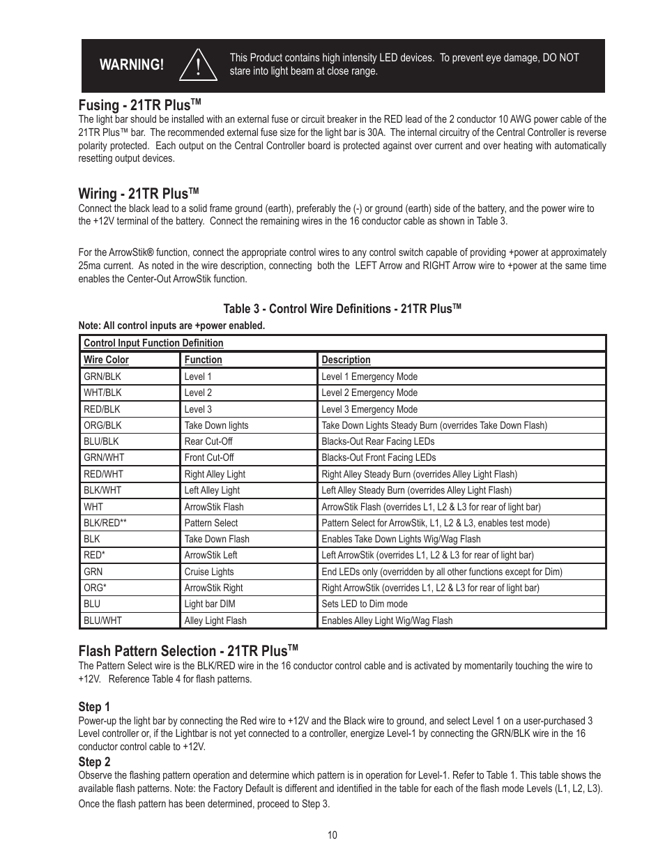 Fusing - 21tr plus, Wiring - 21tr plus, Flash pattern selection - 21tr plus | Warning | Code 3 21TR & 21TR Plus User Manual | Page 10 / 18