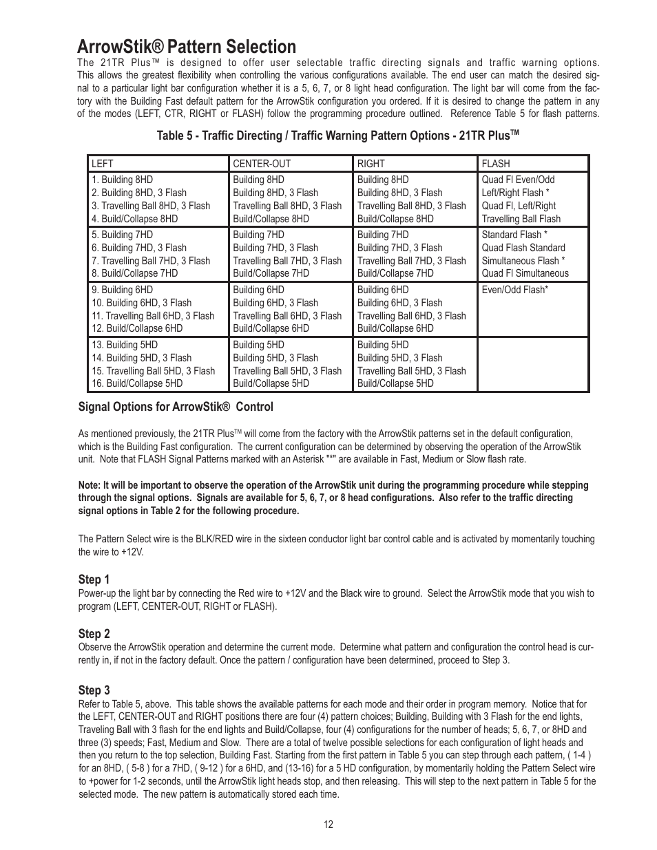 Arrowstik, Pattern selection | Code 3 21TR & 21TR Plus User Manual | Page 12 / 18