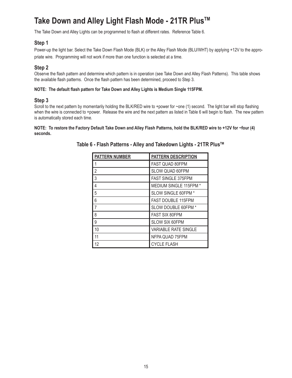 Take down and alley light flash mode - 21tr plus | Code 3 21TR & 21TR Plus User Manual | Page 15 / 18