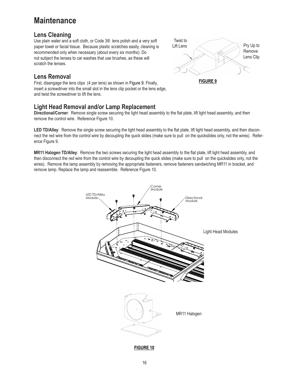 Maintenance, Lens cleaning, Lens removal | Light head removal and/or lamp replacement | Code 3 21TR & 21TR Plus User Manual | Page 16 / 18