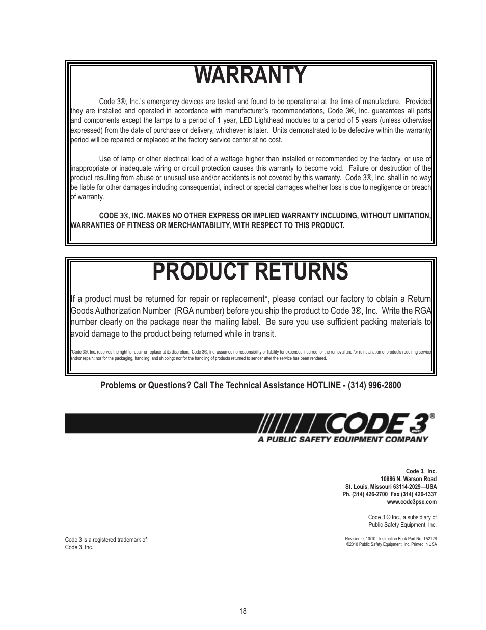 Warranty, Product returns | Code 3 21TR & 21TR Plus User Manual | Page 18 / 18