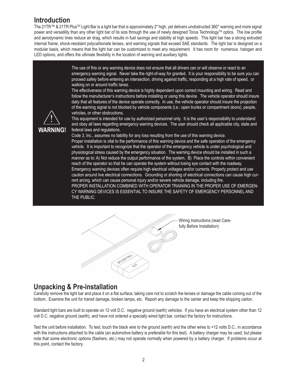 Introduction, Unpacking & pre-installation, Warning | Code 3 21TR & 21TR Plus User Manual | Page 2 / 18