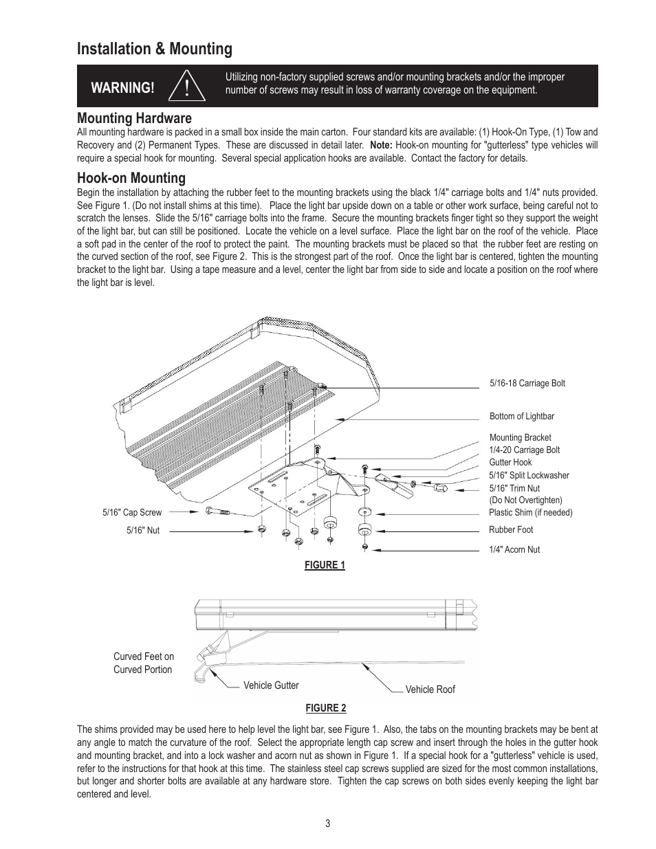 Installation & mounting, Mounting hardware, Warning | Hook-on mounting | Code 3 21TR & 21TR Plus User Manual | Page 3 / 18