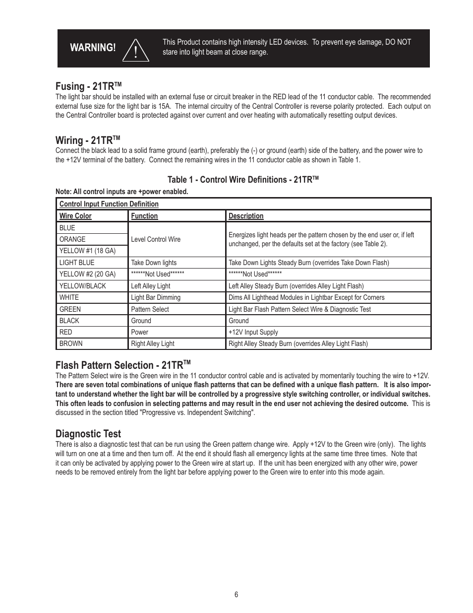 Fusing - 21tr, Wiring - 21tr, Flash pattern selection - 21tr | Diagnostic test, Warning | Code 3 21TR & 21TR Plus User Manual | Page 6 / 18