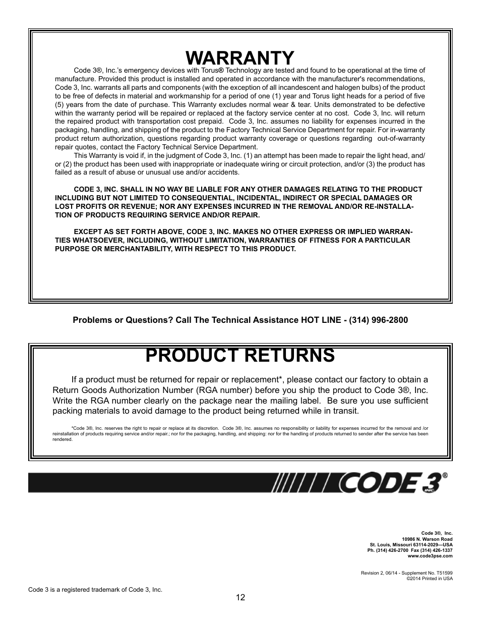 Product returns, Warranty | Code 3 21TR Plus MC User Manual | Page 12 / 12