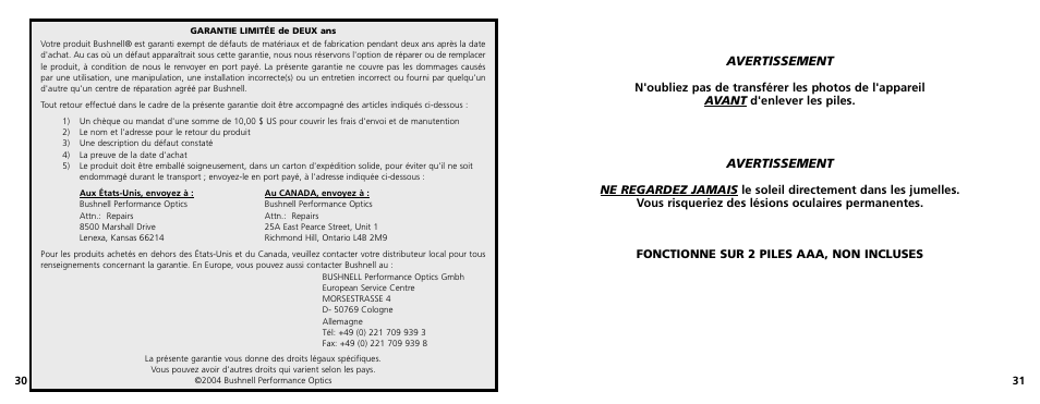 Avertissement | Bushnell 11-1025 User Manual | Page 16 / 45