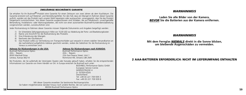 Warnhinweis | Bushnell 11-1025 User Manual | Page 30 / 45