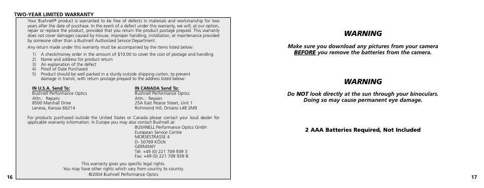 Warning | Bushnell 11-1025 User Manual | Page 9 / 45