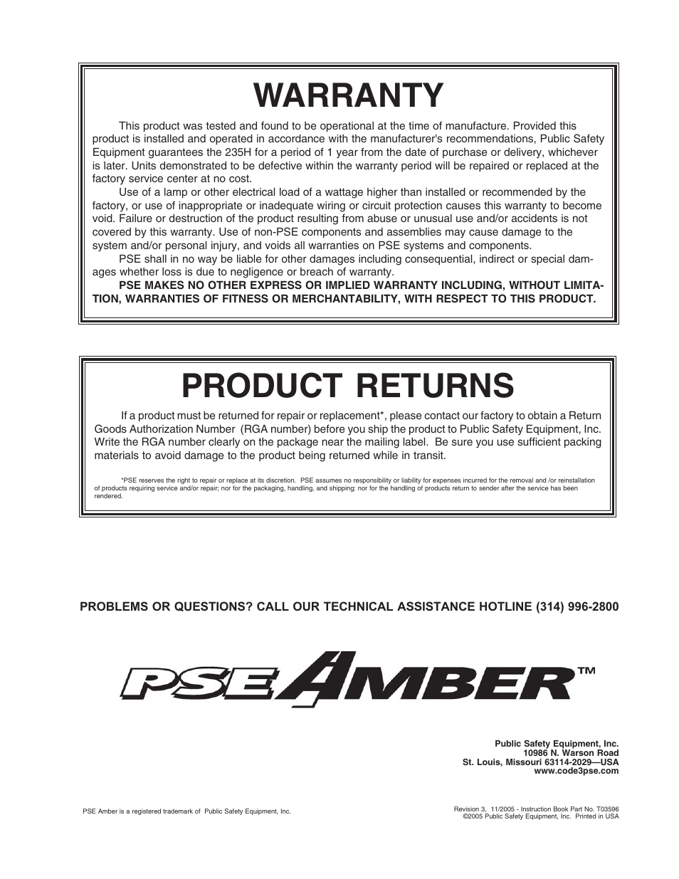 Warranty, Product returns | Code 3 235H Remote Strobe Power Supply User Manual | Page 12 / 12