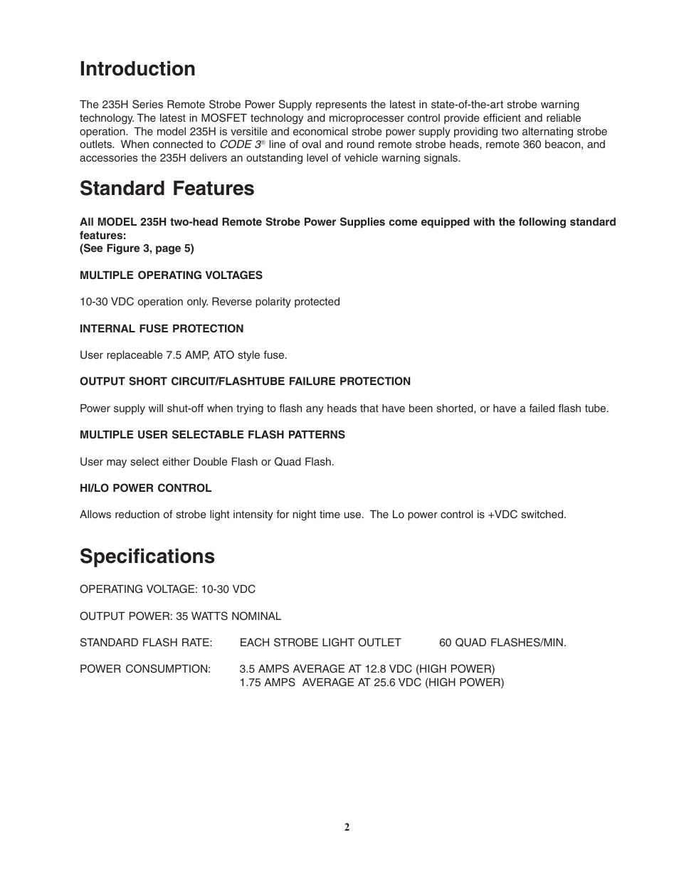 Introduction, Standard features, Specifications | Code 3 235H Remote Strobe Power Supply User Manual | Page 2 / 12