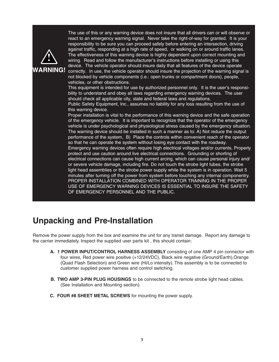 Unpacking and pre-installation | Code 3 235H Remote Strobe Power Supply User Manual | Page 3 / 12