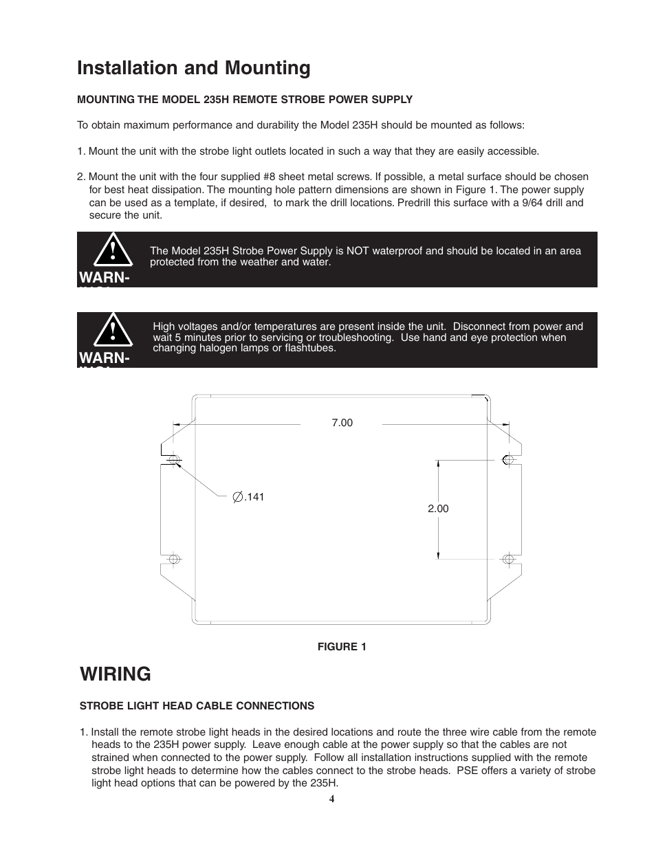 Installation and mounting, Wiring | Code 3 235H Remote Strobe Power Supply User Manual | Page 4 / 12