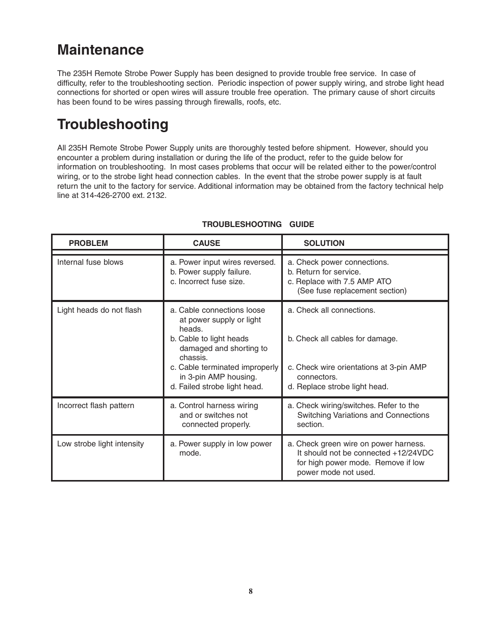 Maintenance, Troubleshooting | Code 3 235H Remote Strobe Power Supply User Manual | Page 8 / 12