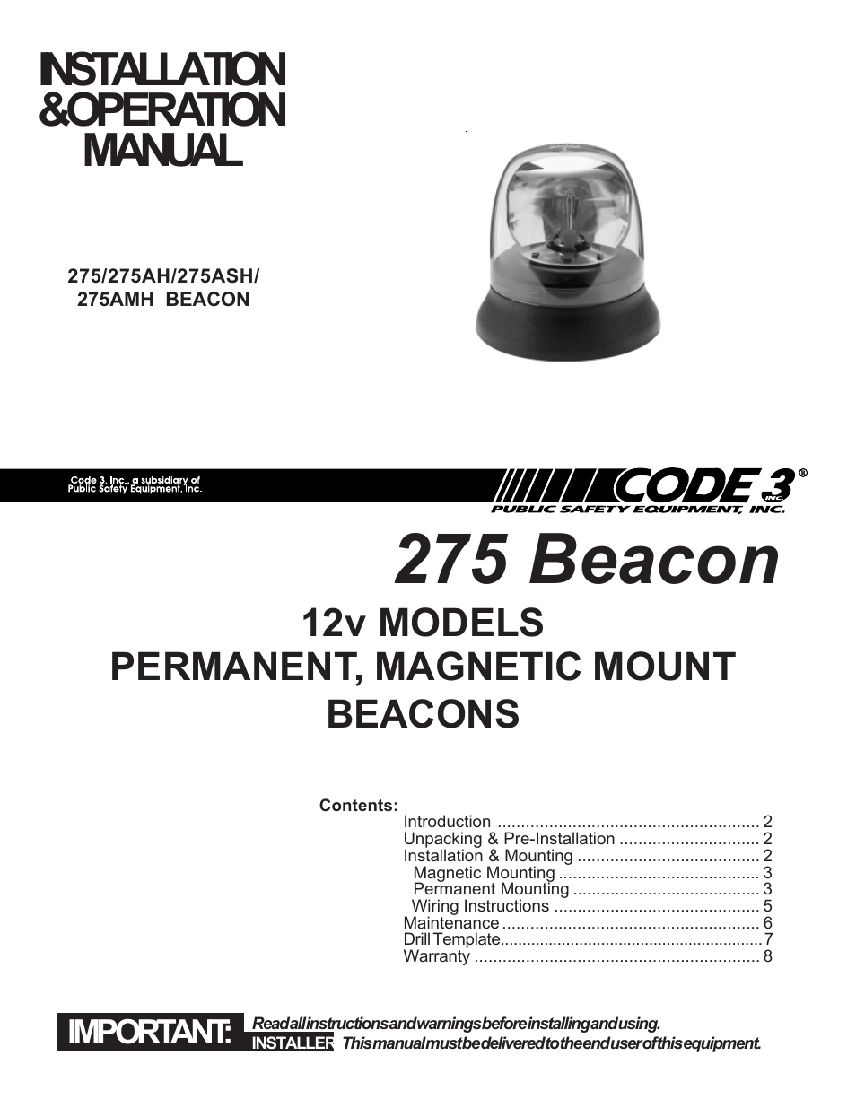 Code 3 275 Series Beacon User Manual | 8 pages
