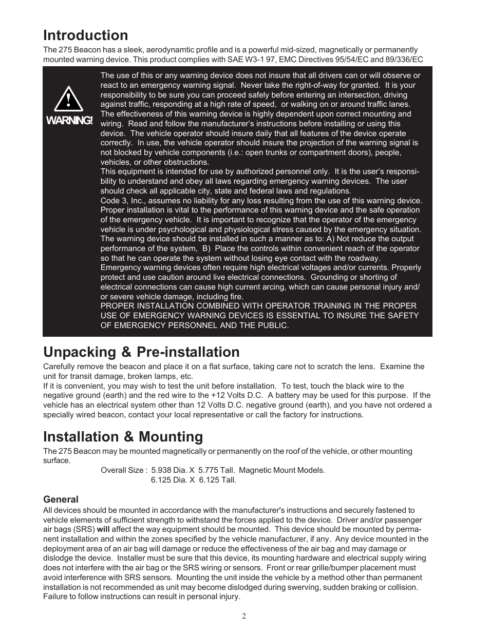 Introduction, Unpacking & pre-installation, Installation & mounting | Code 3 275 Series Beacon User Manual | Page 2 / 8