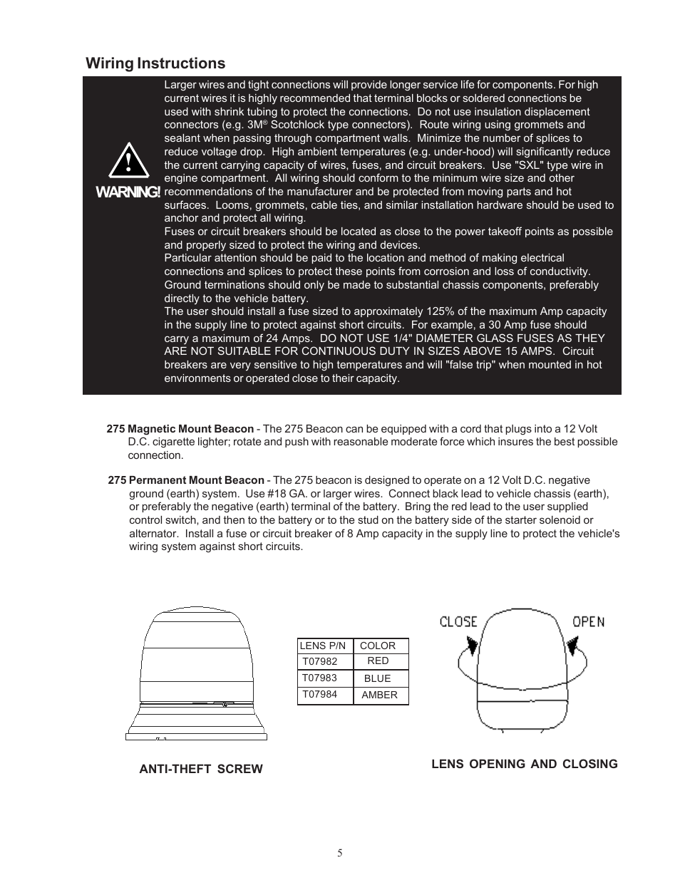 Warning, Wiring instructions | Code 3 275 Series Beacon User Manual | Page 5 / 8