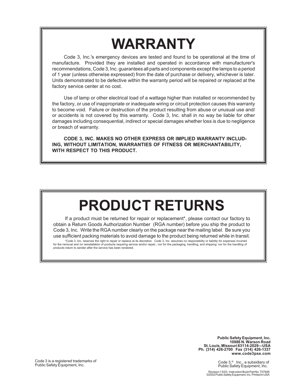 Warranty, Product returns | Code 3 275 Series Beacon User Manual | Page 8 / 8