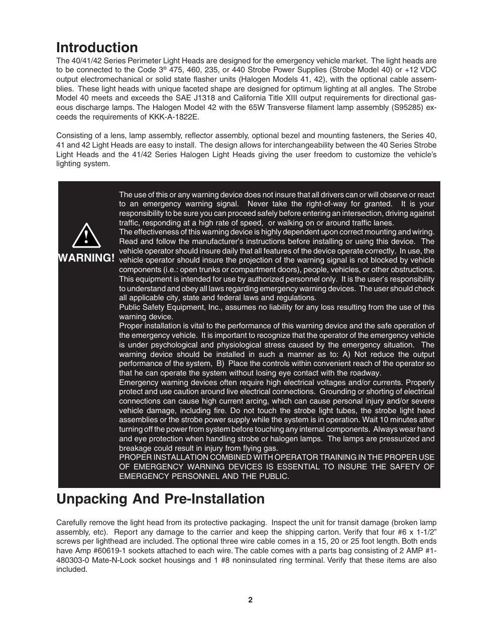 Introduction, Unpacking and pre-installation | Code 3 40, 41, 42 Series Perimeter Lights User Manual | Page 2 / 8