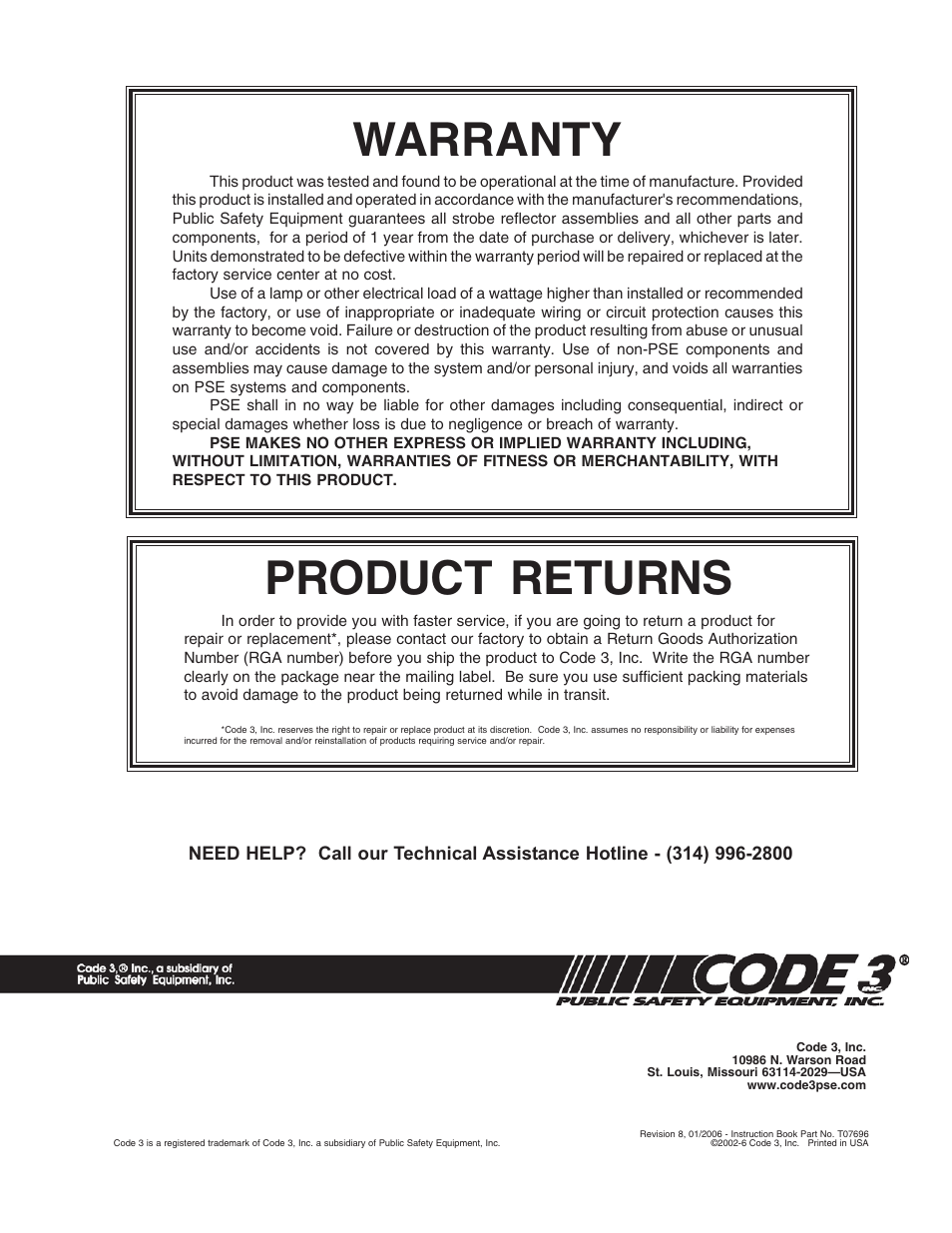 Warranty, Product returns | Code 3 40, 41, 42 Series Perimeter Lights User Manual | Page 8 / 8
