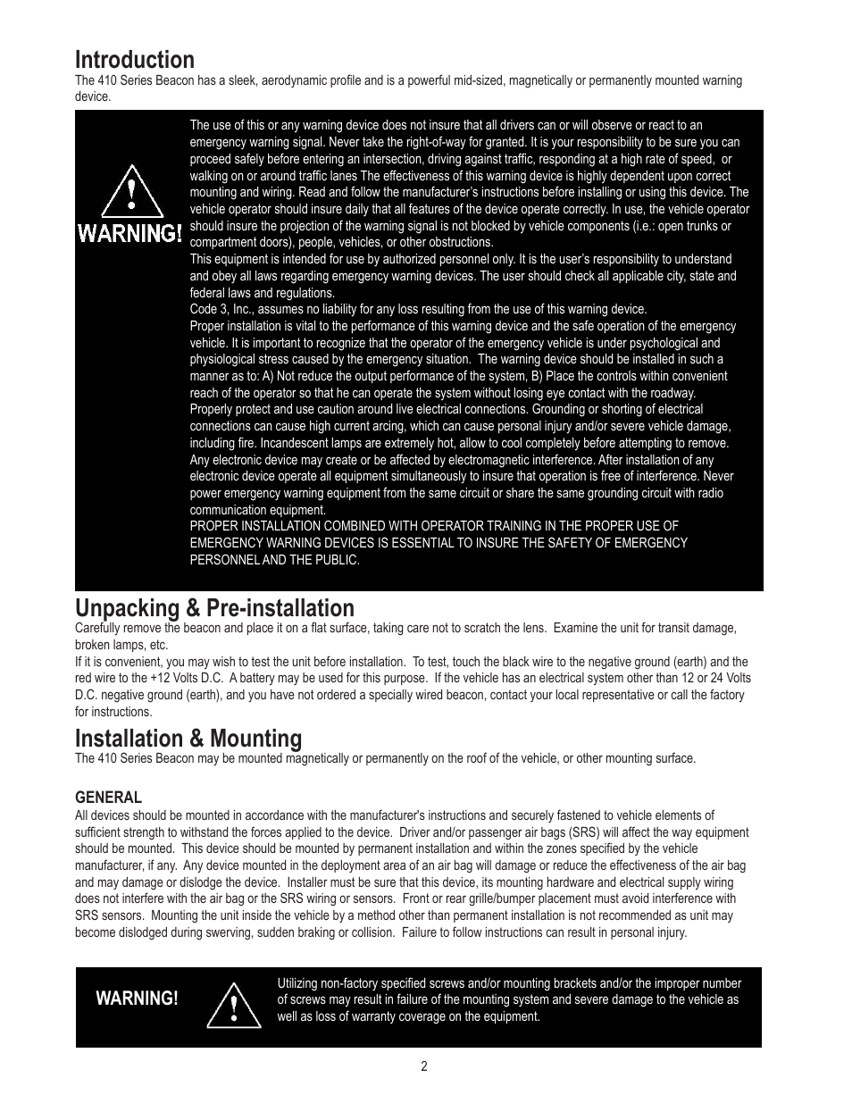 Introduction, Unpacking & pre-installation, Installation & mounting | Warning | Code 3 410 Mini Bar User Manual | Page 2 / 7